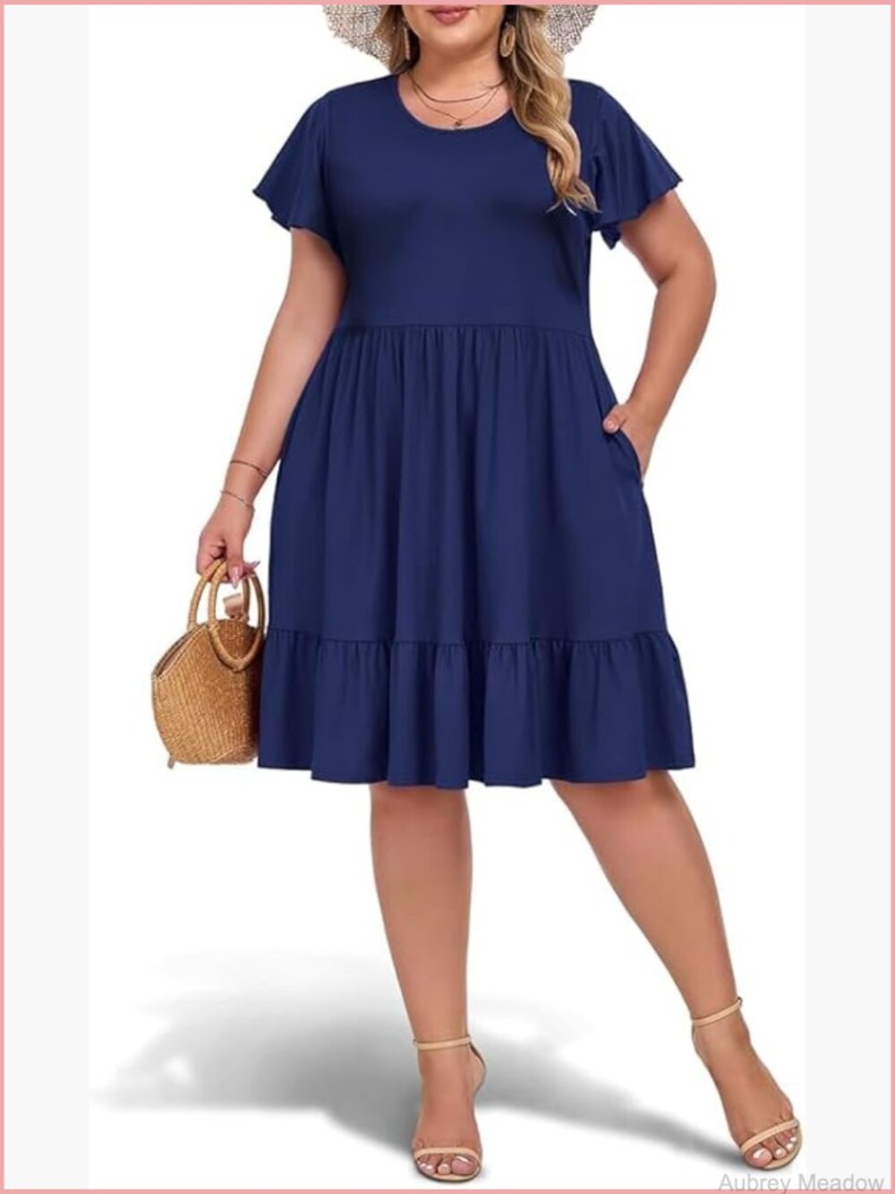 Plus Size Casual Midi Dress with Pockets Short Sleeve Ruffle Flowy A-Line